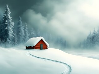 Picturesque wintry forest scene with a rustic wooden cabin snow piled high on the roof and surrounding the structure winding trail through the trees marked by snowshoe prints