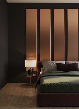 Premium design bedroom in hotel. Minimalist dark gold room