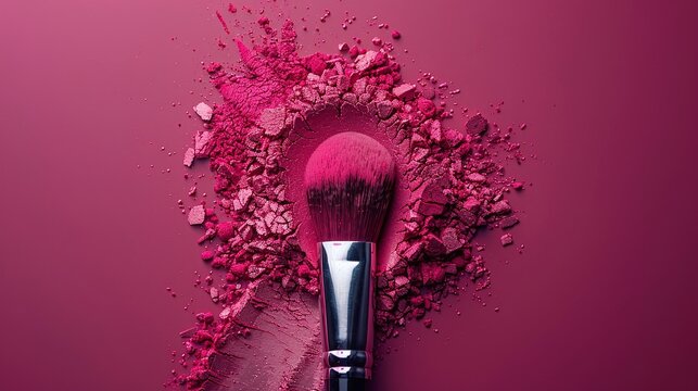 Makeup brush with pink powder explosion, vibrant beauty product, cosmetic tools, close-up of crushed pink blush, bold color, isolated on magenta background

