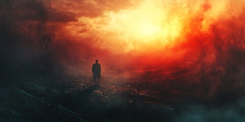 Fototapeta premium Silhouette of man walking toward fiery sunset in dark landscape