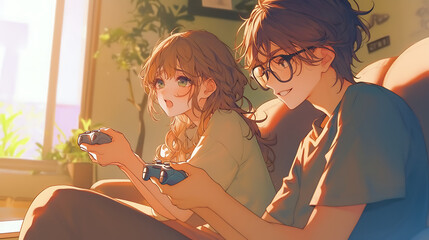 Anime man and woman playing games while sitting at home
