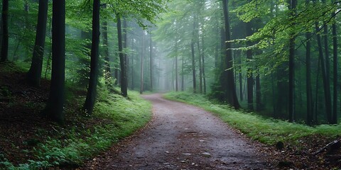 Mysterious Foggy Forest Path, Winding Road Through Trees