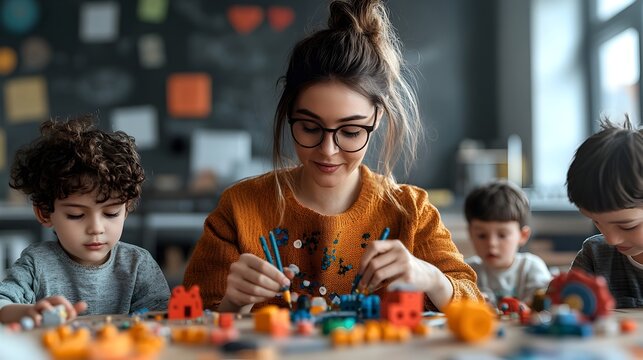 A 3D rendered of a female teacher helping and guiding a group of children to collaborate and solve problems together in an educational classroom environment - Powered by Adobe