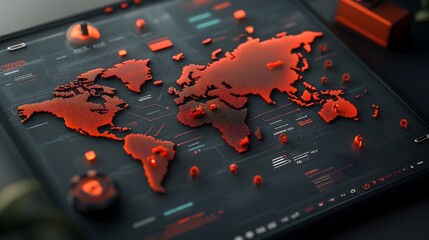 Futuristic world map visualizing export import processes container ship routes and seamless global trade in a minimalist digital art style with vibrant neon colors precise geometric shapes