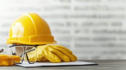 A bright yellow hard hat rests on a clipboard alongside safety glasses and gloves, symbolizing construction safety and readiness.