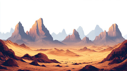 Naklejka premium Wide panorama of a stone desert at sunrise in haze of soft sunlight, mountain landscape isolated on white background. Travel to wildlife extreme tour, adventures to wilderness illustration.