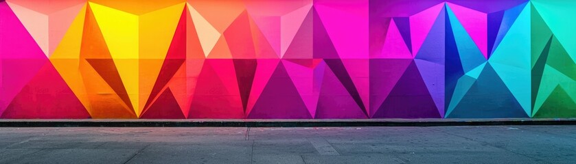 Fototapeta premium A vibrant geometric mural featuring a spectrum of colors, showcasing angular shapes and a modern artistic style.