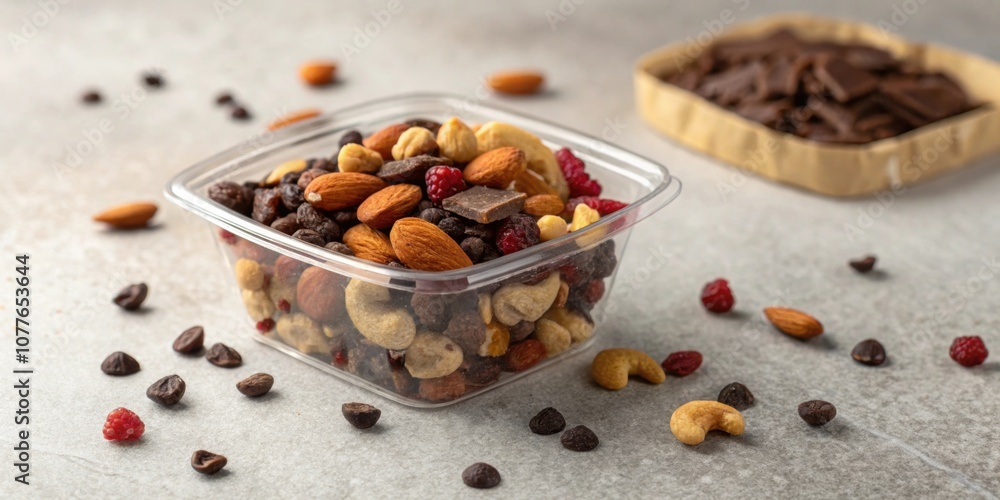 Poster a small clear container filled with a medley of trail mix displaying a mix of nuts dried fruit and d