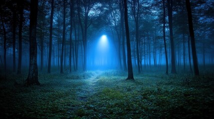 Fototapeta premium A mysterious blue light shines through the trees in a misty forest.