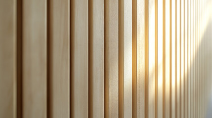 Fototapeta premium Wall made of wooden panels texture. Vertical wooden slats for facade cladding. Timber stripes made of beige pine a modern plank surface for interior and exterior design mockup illustration.