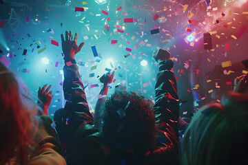A lively celebration with people dancing and confetti falling in a vibrant atmosphere.