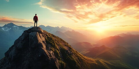 Man on mountaintop at sunset with breathtaking view. Success, achievement, inspiration concept.
