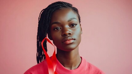 Close up of red ribbon a powerful symbol of support and empathy for World AIDS Day awareness  The ribbon represents the ongoing fight against HIVAIDS and the need for compassion unity