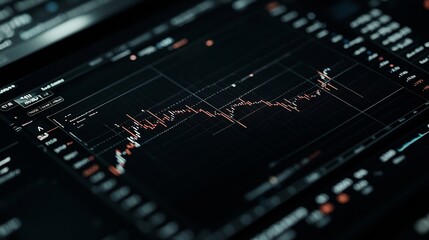 Close up view of a sophisticated market trading platform displaying a detailed financial chart with complex candlestick patterns and moving averages to help investors analyze market trends and make