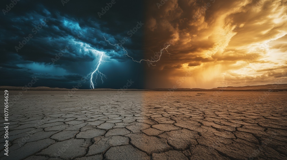 Poster dark clouds gather ominously, as lightning slices through the sky above a parched desert, creating a