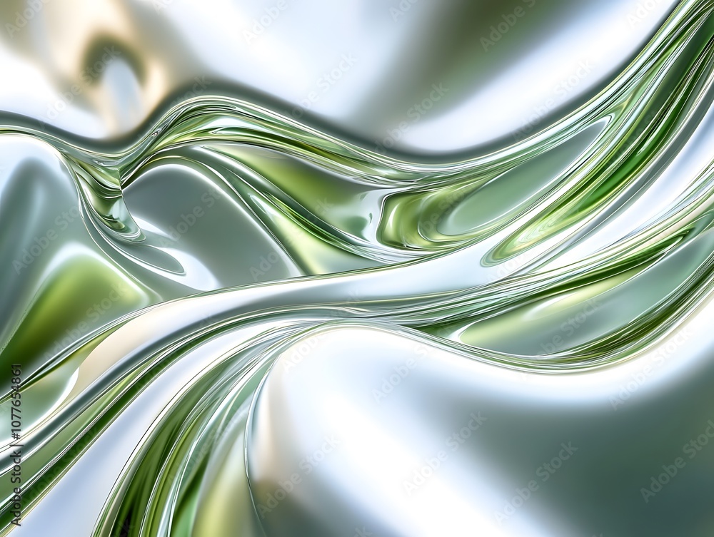 Aufkleber abstract flowing waves of green and silver, creating a dynamic and smooth texture.