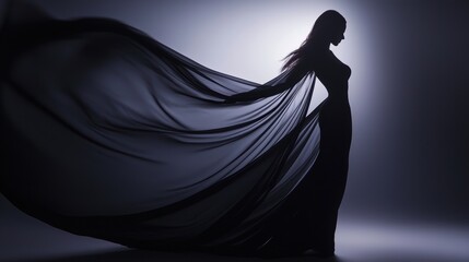 Elegant silhouette of a woman with flowing fabric