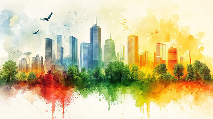 Fototapeta premium Urban project planning. Green sustainable design, creating eco friendly, energy efficiency, and blueprints sources for a urban environment watercolor and grid line vector illustration concept.