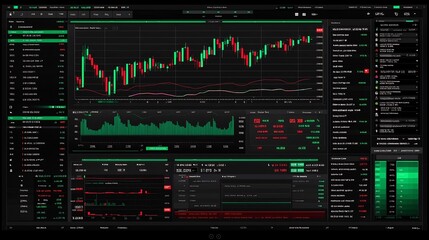 Fototapeta premium Comprehensive Trading Dashboard Showcasing Detailed Market Indicators Candlestick Patterns and an Upward Trend in Financial Data