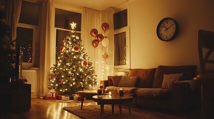 Cozy and inviting living room decorated with a Christmas tree balloons and ambient lighting creating a warm and festive atmosphere for celebrating the New Year