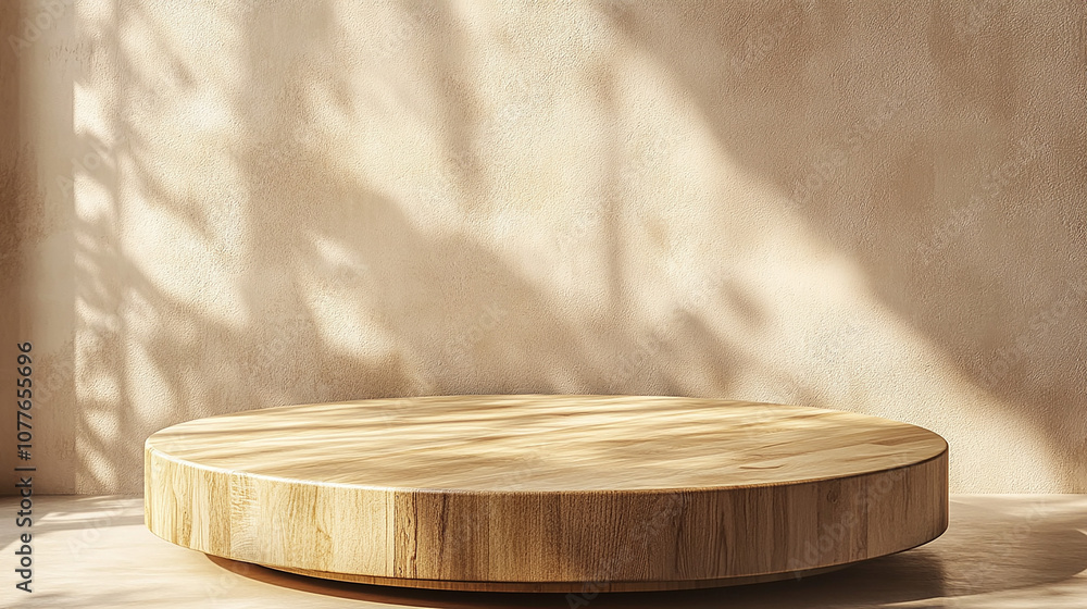 Poster empty beautiful round wood table top counter on interior and bright with leaves and window shadow ba
