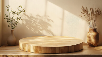 Empty beautiful round wood table top counter on interior and bright with leaves and window shadow background. Concrete brown abstract background for product montage and showcase display presentation.