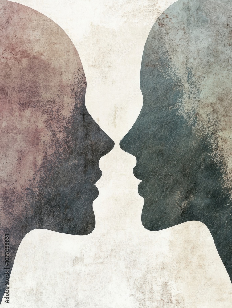 Poster abstract silhouettes of two faces in pastel colors symbolize deep feelings of empathy and connection
