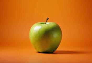 A green apple centered on a bold orange background. Ai generated image.