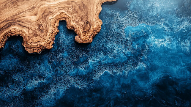 Expensive vintage furniture. The table is covered with epoxy resin and varnished. Luxury quality wood processing. Wooden table on a concrete background. A nautical epoxy river in a rectangular slab.