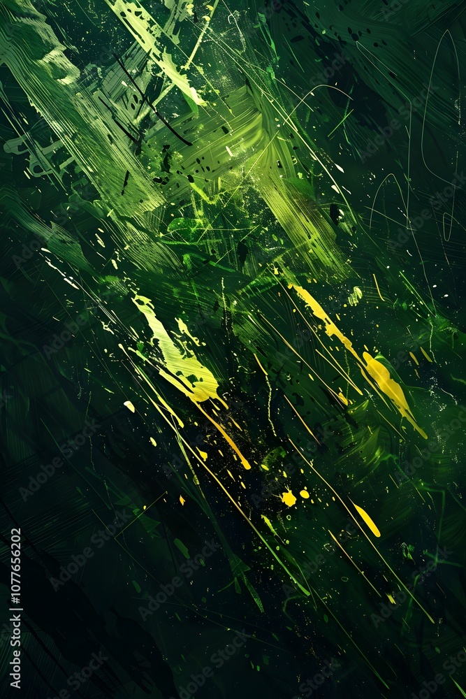 Poster abstract green and yellow textures with dynamic brush strokes and layered effects.