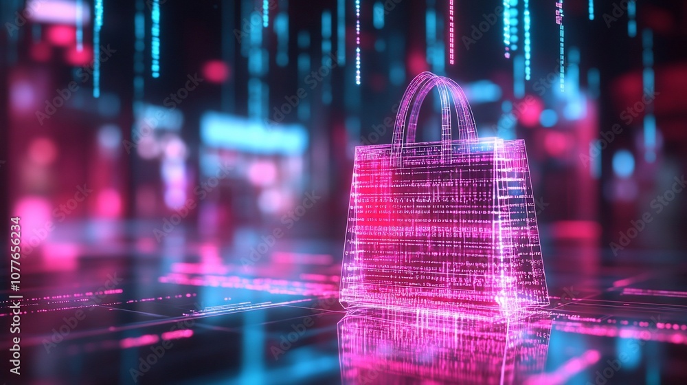 Poster a neon pink shopping bag is displayed digitally on a futuristic cityscape, glowing with digital info