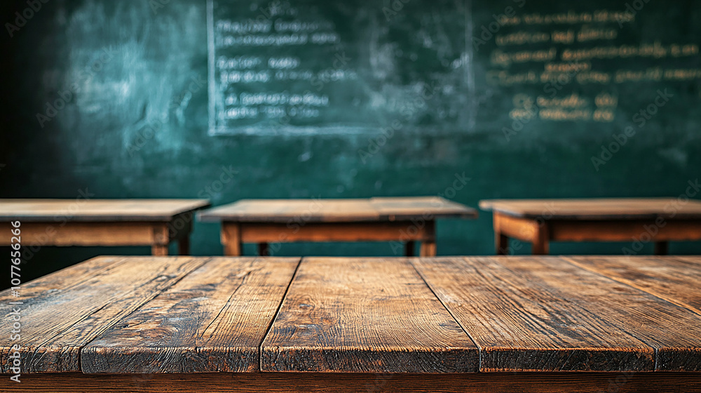 Poster empty wooden top table with blurred empty classroom school background can be used for mock up or dis