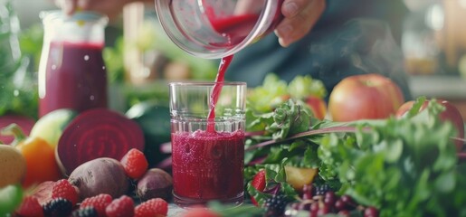 A person pouring a vibrant red beet and berry juice into a fancy glass surrounded by fresh fruits and vegetables.