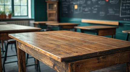 Empty Wooden top table with blurred empty classroom school background can be used for mock up or display product to make advertising.