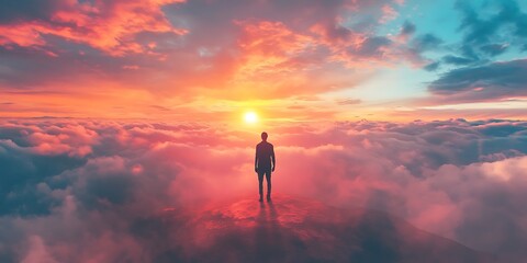 Silhouette of a person standing on clouds with colorful sunset sky