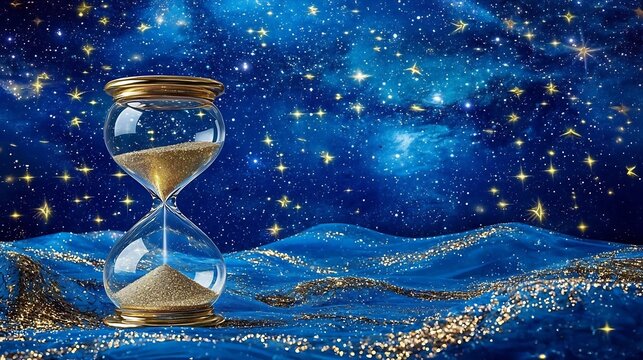 Elegant golden hourglass countdown to New Year s amid a starlit night sky symbolizing the flow of time and the passage into the new year