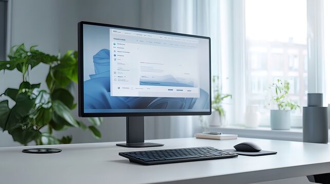 A modern desktop computer with a sleek black keyboard and mouse on a white desk.