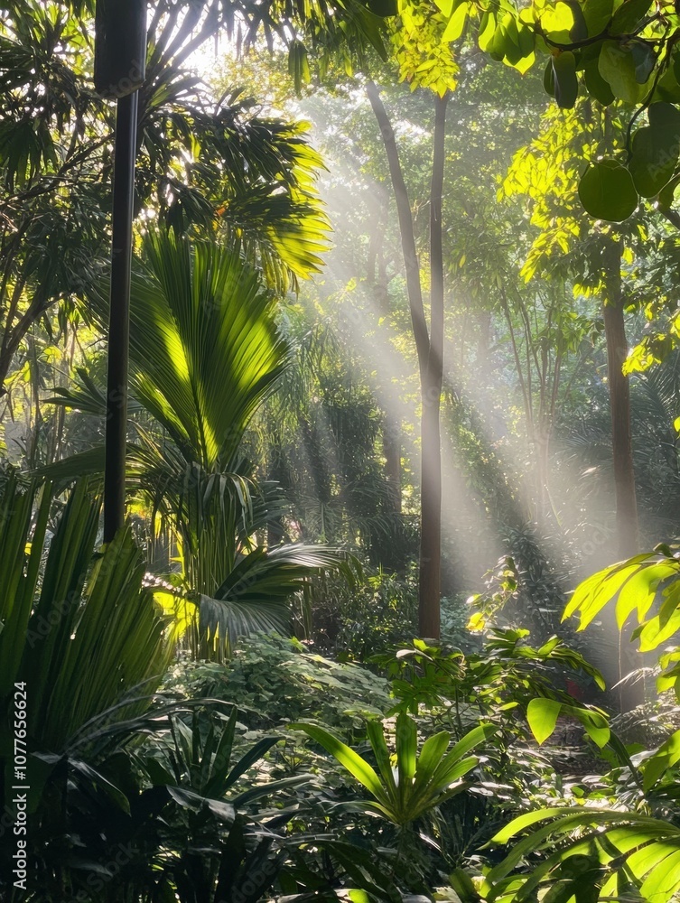 Poster Sunlight streams through tall trees, creating a tranquil atmosphere in a dense tropical forest filled with rich plant life. Generative AI