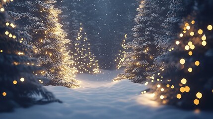Enchanting pine trees covered in soft snow and illuminated by delicate fairy lights creating a magical winter new year scene in a peaceful forest landscape