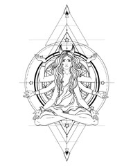 Beautiful woman with long hair and multiple hands sitting in lotus yoga position. Multi-armed goddess is Goddess Lakshmi, the Hindu goddess of wealth, fortune, and prosperity. Vector detailed isolated