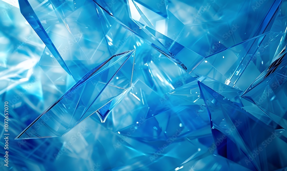 Poster Abstract close-up of blue crystal-like structures with sharp edges and reflective surfaces.