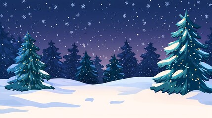 Obraz premium Enchanting winter landscape with snow covered pine trees adorned with twinkling lights standing tall under a serene starry night sky This peaceful
