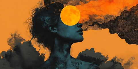 Surreal Art Illustration of Woman with a Sun Eye and Smoke