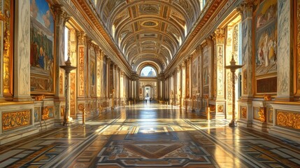 Obraz premium Sunbeams illuminate the grand hall of an ornate church.