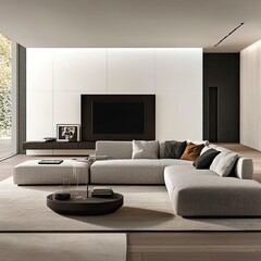 overview over the Minotti sofa in big living room that is high detailed contemporary modern Minotti brand style, tv wall, bright white walls, art and designer decor furniture pieces, generative ai