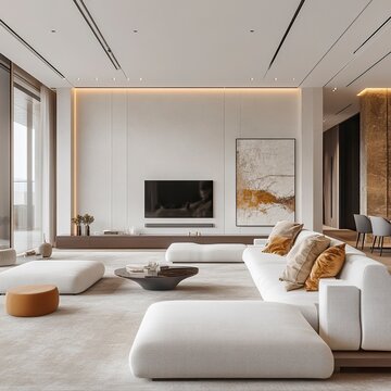 overview over the Minotti sofa in big living room that is high detailed contemporary modern Minotti brand style, tv wall, bright white walls, art and designer decor furniture pieces, generative ai