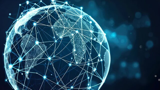 Illustration of global communication and networking with a globe connected by lines and dots. Ai Generated.