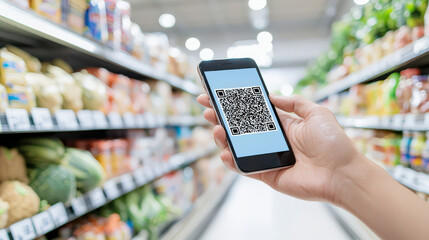 Close-up of a hand holding a smartphone with a QR code displayed on-screen in a grocery store aisle, accessing product information.