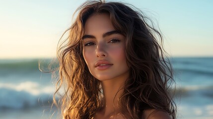 A hair model with wavy, beach-style hair standing against a coastal background, sunlight catching the natural highlights, emphasizing texture and volume, wind gently tousling her hair for a carefree,