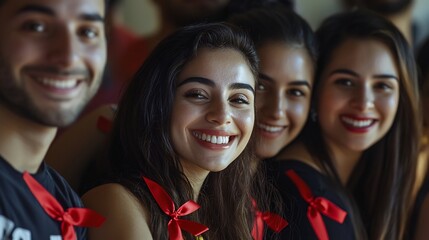 Portrait of a diverse group of happy volunteers wearing red ribbon pins in support of World AIDS Day  They are smiling together